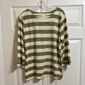 Olive and White Striped Long Sleeve Women's Top